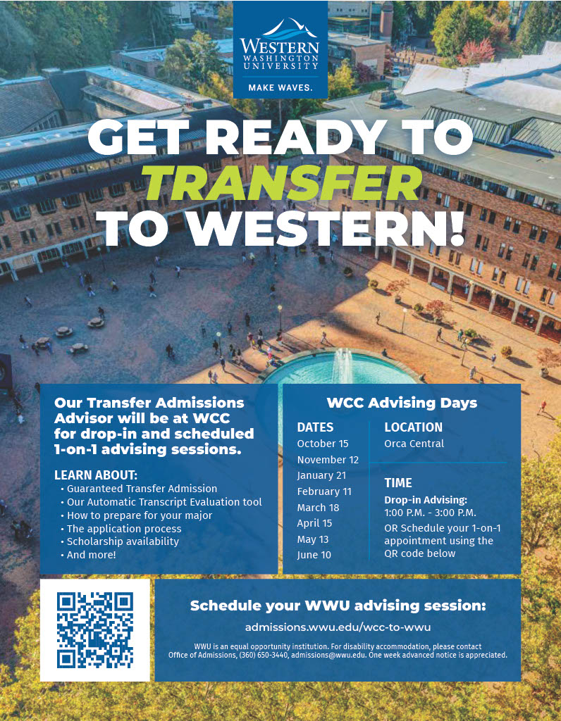Decorative flyer with QR code for WWU Transfer Advising on October 15