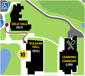 Map 10 with red arrow from Kelly Hall to Kulshan Hall