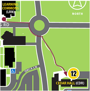 Map 12 with red arrow going from the Learning Commons building to Cedar Hall