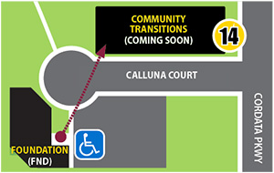Map 14 with red arrow pointing from the Foundation building to the new Community Transitions site.