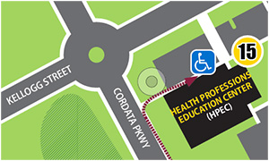 Map 15 with red arrow going up cordata parkway to the Health Professions Education Center