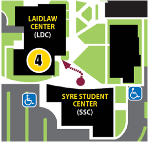 Map with red arrow pointing from Syre Student Center to Laidlaw Center