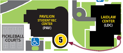 Map 5 with ed arrow pointing from Laidlaw Center to the Pavilion/Student Recreation Center