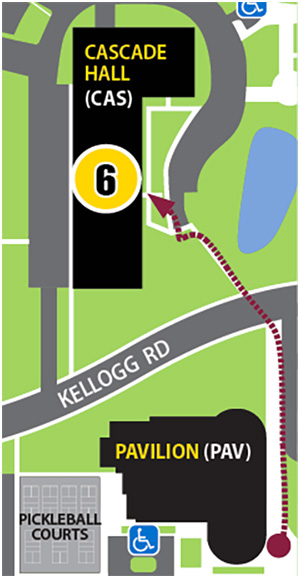 Map 6 with red arrow pointing from the Pavilion to Cascade Hall