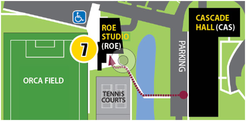 Map 7 with red arrow pointing from Cascade Hall to Roe Studio