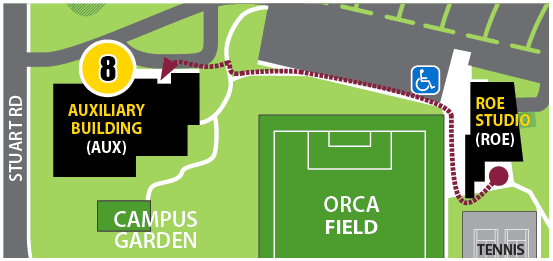 Map 8 with red arrow pointing from Row Studio to Auxiliary Building