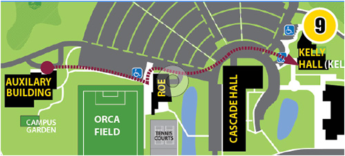 Map 9 with red arrow pointing from the Auxiliary Building to Kelly Hall