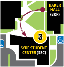 Map 3 with red arrow pointing from Baker Hall to Syre Student Center