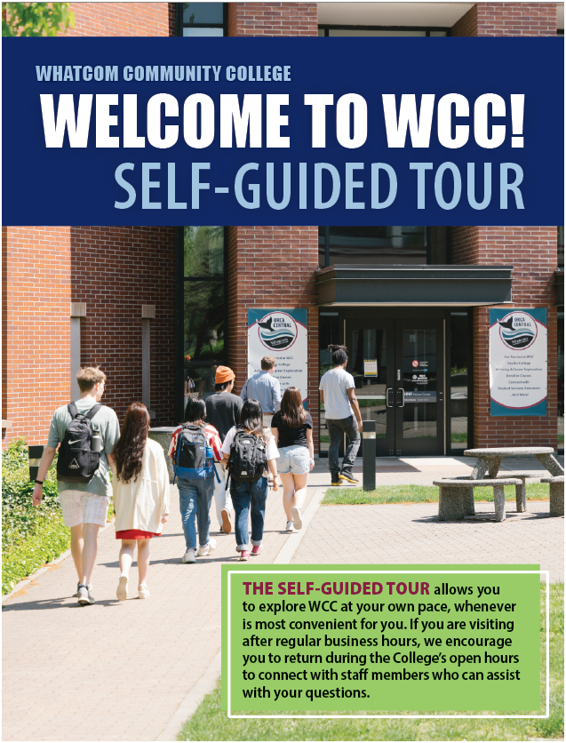 Welcome to WCC Self-Guided Walking Tour brochure cover with students walking to Orca Central at Heiner Center