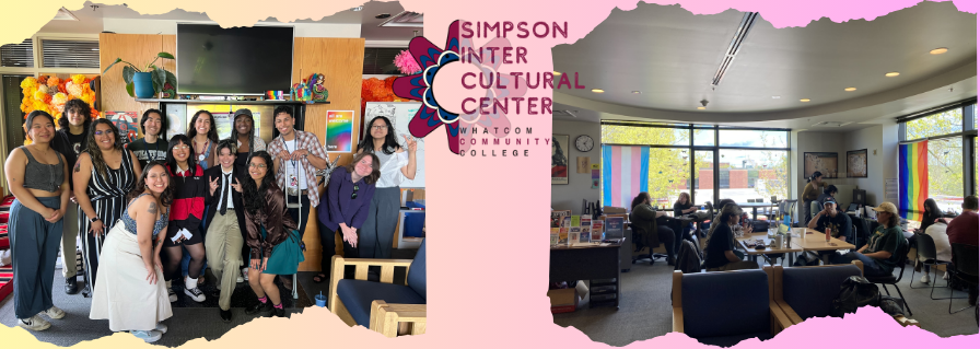 Web banner promoting the Intercultural Center with a picture of the Center and a group photo of students and staff